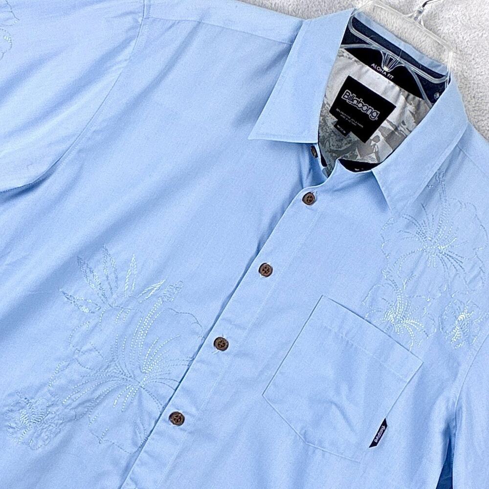VTG Y2K Billabong Hawaiian Camp Shirt Mens L Blue Bamboo Embroidered Floral Surf